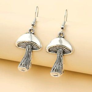 Vintage Style Aged Silver Mushroom Folklore Hook Dangle Earrings NEW